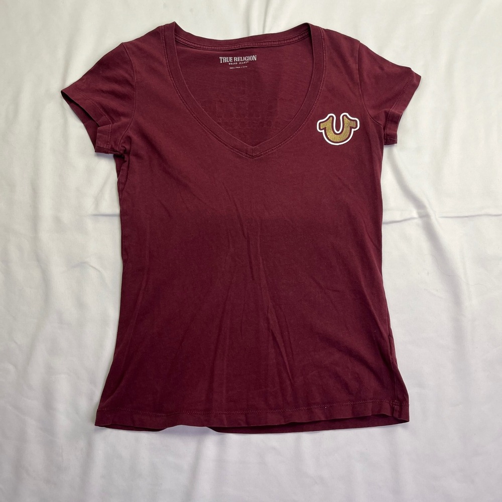 True Religion V-Neck Tee Burgundy Excellent Buddha Guitar Graphic‎ Small